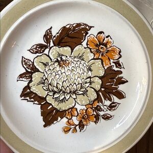 Vintage 70s Floral Stoneware Dinner Plate | Brown Orange Sage Green | Marked USA